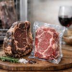 Vakumla paketlenmiş çiğ biftek ile pişmiş antrikot, kesme tahtasında ve yanında kırmızı şarap.