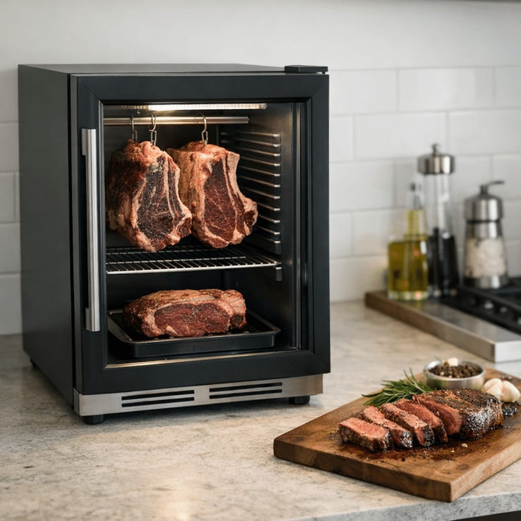 Modern mutfakta tezgah &uuml;st&uuml; et dinlendirme dolabında asılı ve dinlenen kırmızı et par&ccedil;aları.