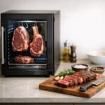 Bir et dinlendirme dolabında saklanan sığır eti ve kesilmiş bifteklerin kesme tahtası üzerindeki görüntüsü.