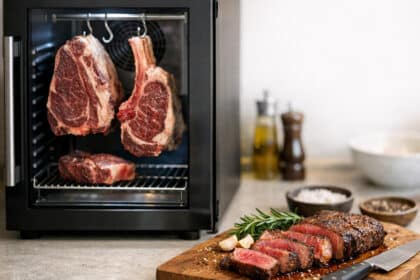 Bir et dinlendirme dolabında saklanan sığır eti ve kesilmiş bifteklerin kesme tahtası üzerindeki görüntüsü.