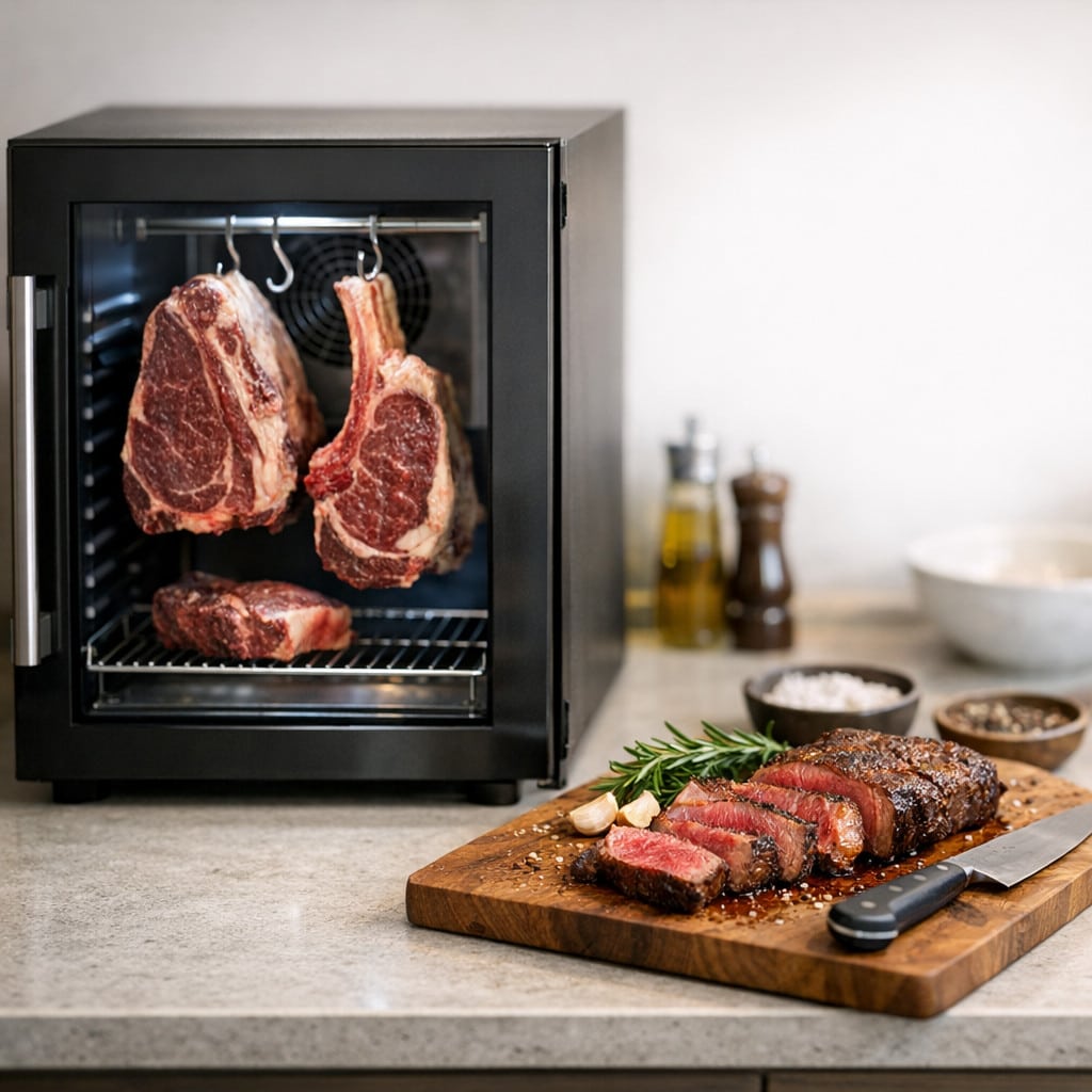 Bir et dinlendirme dolabında saklanan sığır eti ve kesilmiş bifteklerin kesme tahtası üzerindeki görüntüsü.