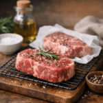 Çiğ, baharatlanmış antrikotlar ve biberiye dalları tel ızgarada pişirmeye hazır şekilde duruyor.