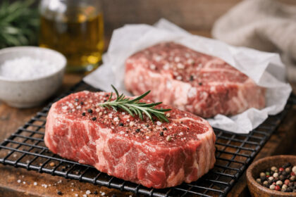 Çiğ, baharatlanmış antrikotlar ve biberiye dalları tel ızgarada pişirmeye hazır şekilde duruyor.