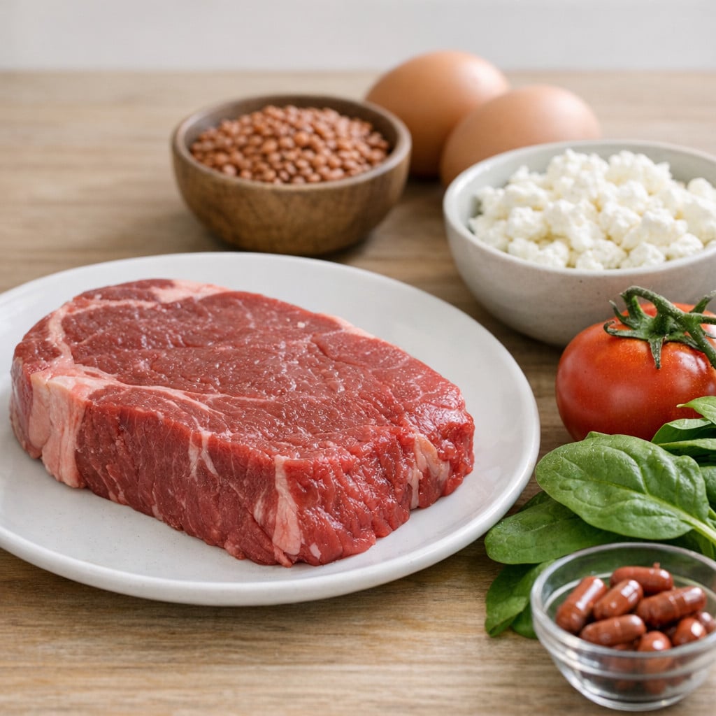 High-protein foods, including raw steak, eggs, lentils, cheese, spinach, tomato, and supplements on a wooden table.