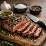 Juicy grilled steak sliced on a wooden cutting board, garnished with rosemary and sprinkled with seasoning.
