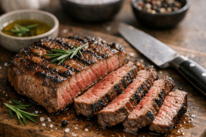 Juicy grilled steak sliced on a wooden cutting board, garnished with rosemary and sprinkled with seasoning.