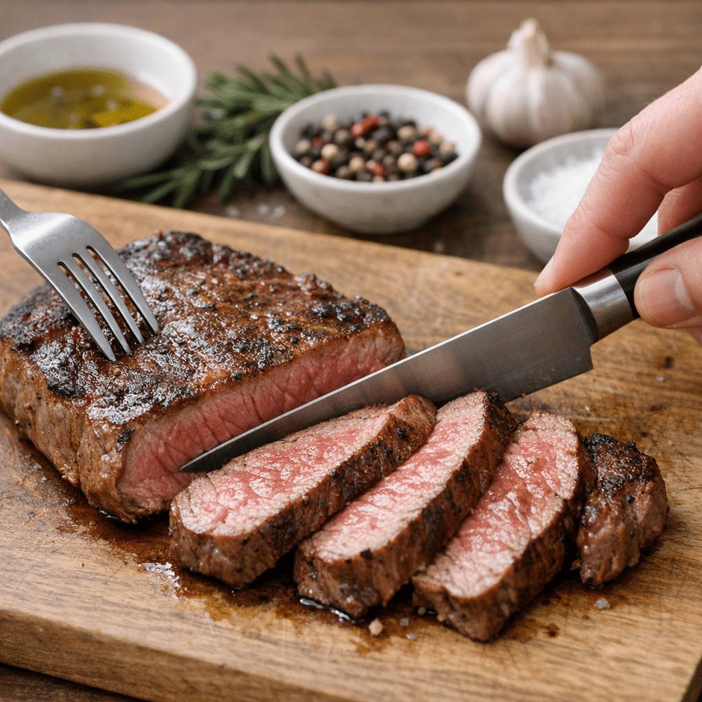 Juicy medium-rare steak being sliced on a wooden cutting board, with seasoning and olive oil in the background.