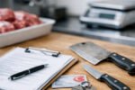 Butcher shop workspace with meat cleavers, keys, ID card, and paperwork on a wooden counter.