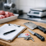 Butcher shop workspace with meat cleavers, keys, ID card, and paperwork on a wooden counter.