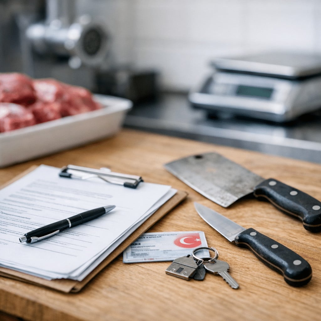 Butcher shop workspace with meat cleavers, keys, ID card, and paperwork on a wooden counter.