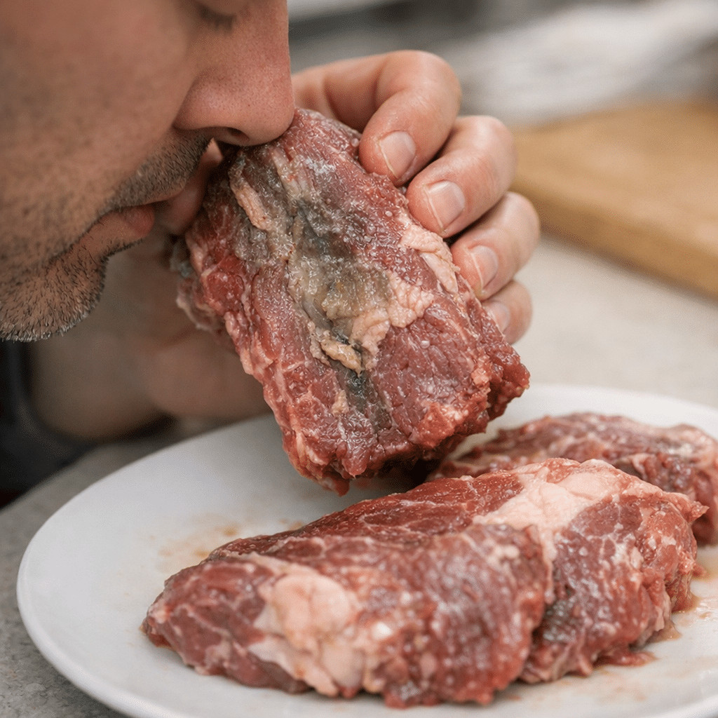 Man smelling a raw steak on a white plate in a bright kitchen, checking for freshness.