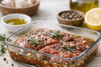Marinated raw steak with herbs and spices in a glass dish, ready for cooking.