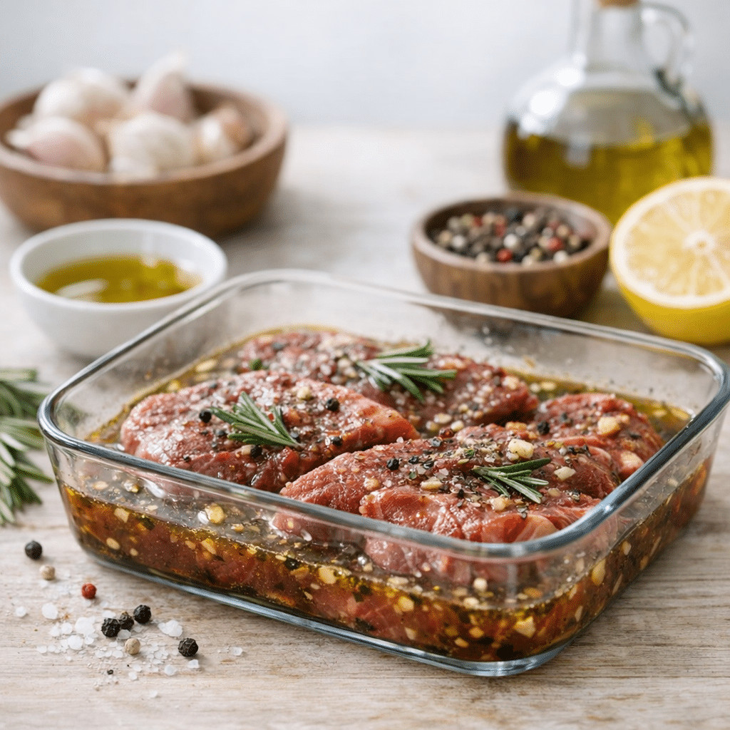 Marinated raw steak with herbs and spices in a glass dish, ready for cooking.