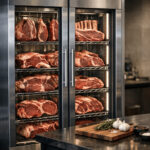 High-quality raw steaks displayed on racks inside a stainless steel steak refrigerator for optimal aging and storage.