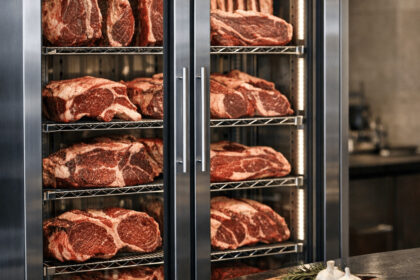 High-quality raw steaks displayed on racks inside a stainless steel steak refrigerator for optimal aging and storage.