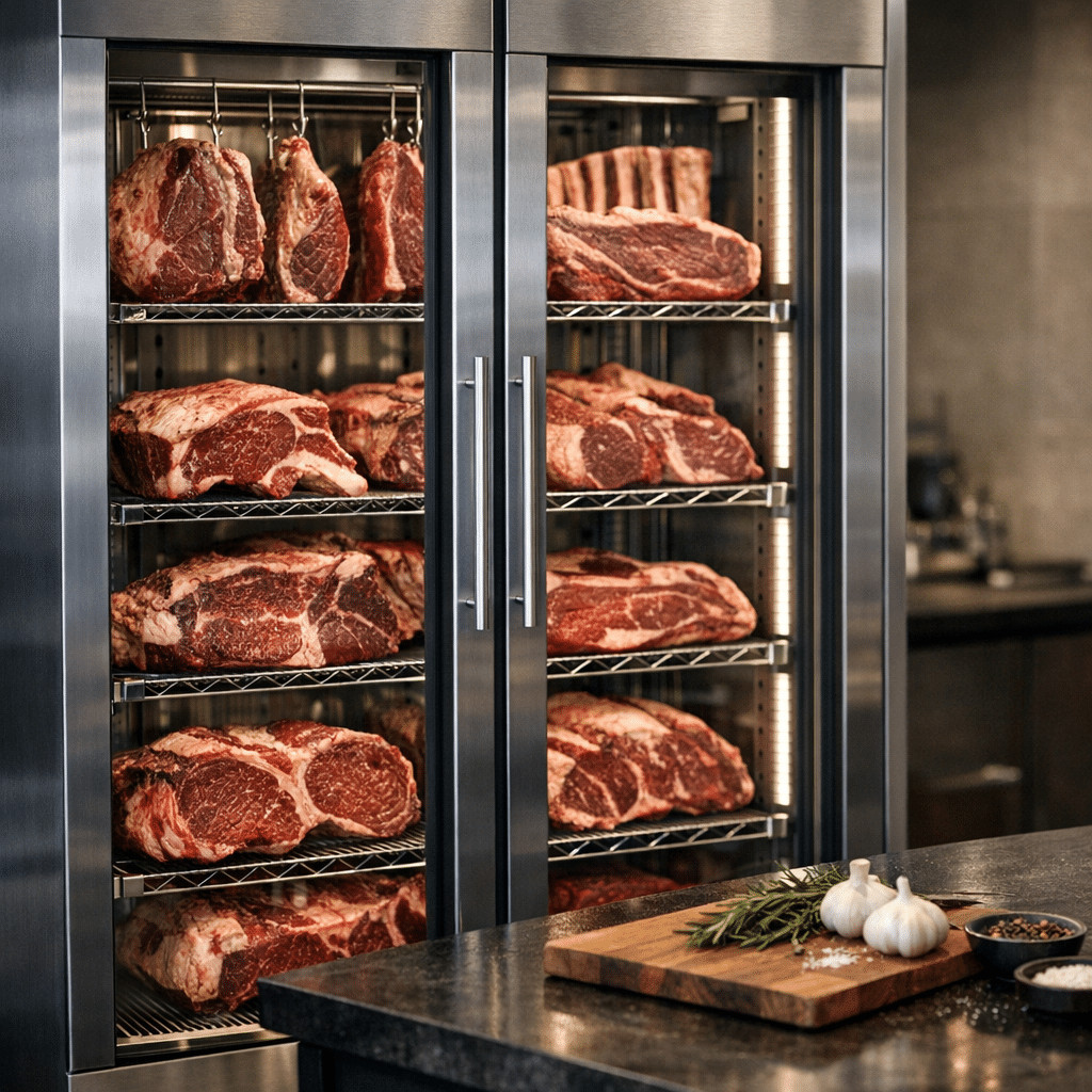 High-quality raw steaks displayed on racks inside a stainless steel steak refrigerator for optimal aging and storage.