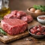 Çiğ biftek ve doğranmış et, tahta kesme tahtası üzerinde baharatlarla birlikte görülüyor.