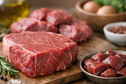 Çiğ biftek ve doğranmış et, tahta kesme tahtası üzerinde baharatlarla birlikte görülüyor.