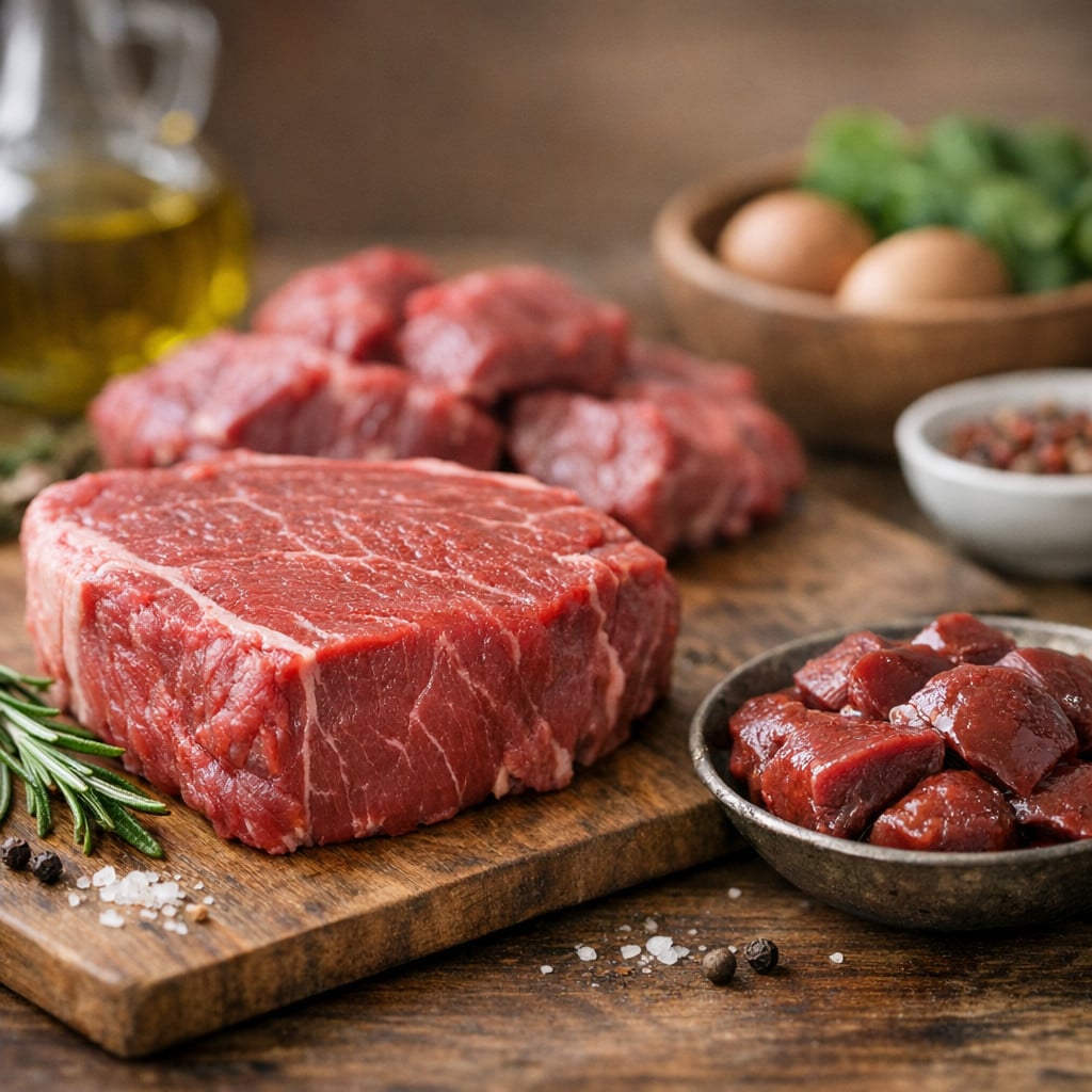 Çiğ biftek ve doğranmış et, tahta kesme tahtası üzerinde baharatlarla birlikte görülüyor.