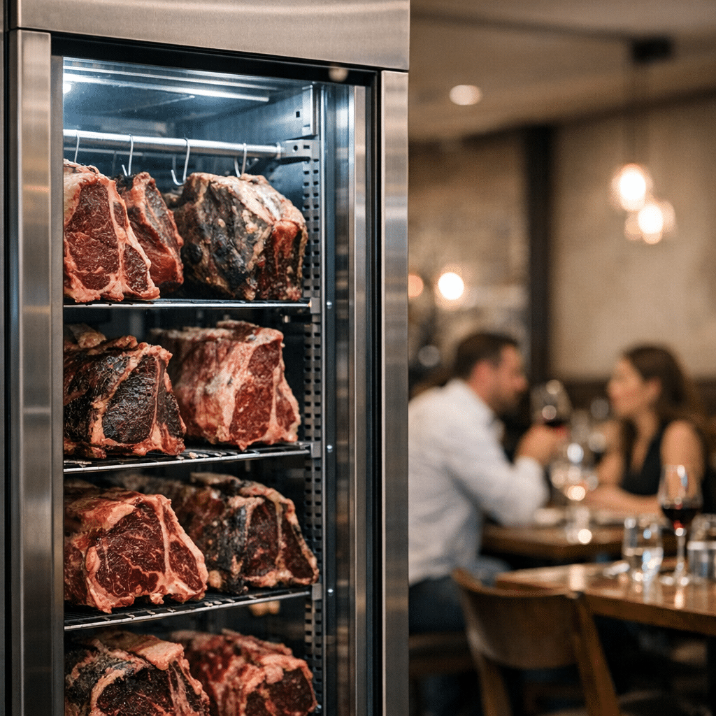 Dry-aged beef steaks on shelves inside a glass-fronted refrigerated cabinet at a restaurant.