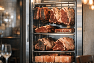 Dry-aged beef steaks hanging inside a glass-fronted meat aging refrigerator at a restaurant.
