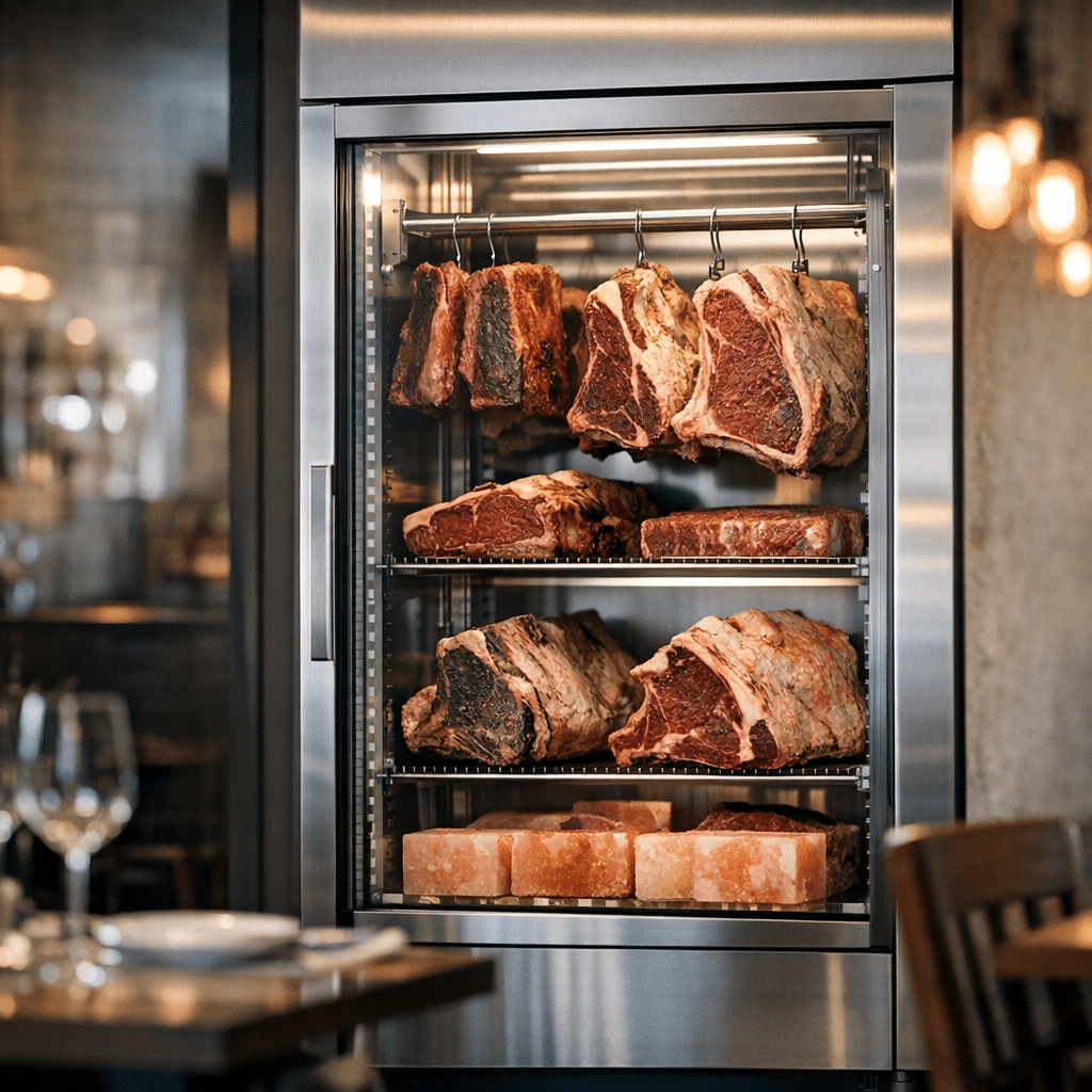 Dry-aged beef steaks hanging inside a glass-fronted meat aging refrigerator at a restaurant.