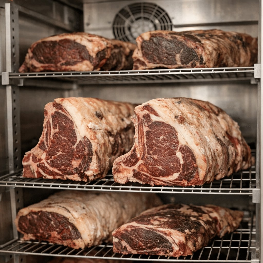 Dry-aged beef steaks resting on metal shelves inside a restaurant refrigerator for meat aging.