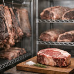 Çiğ antrikot, tuz ve biberiye ile dinlendirme odasında bir kesme tahtası üzerinde duruyor.