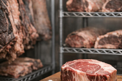 Çiğ antrikot, tuz ve biberiye ile dinlendirme odasında bir kesme tahtası üzerinde duruyor.