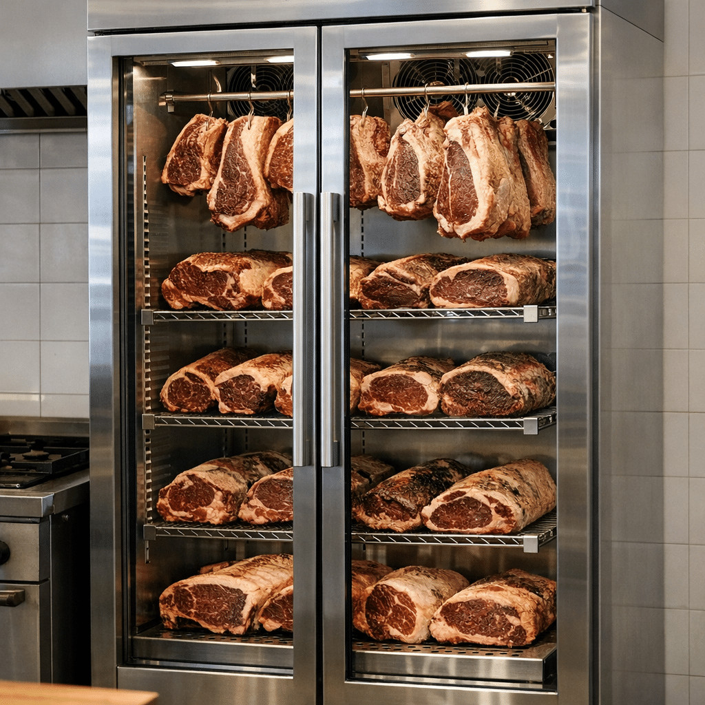 Dry-aged beef steaks hanging inside a stainless steel steak refrigerator with glass door.