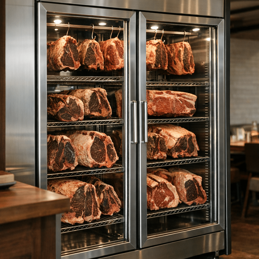 Dry-aged beef steaks arranged on racks inside a stainless steel steakhouse dry aging refrigerator.