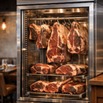 Several large dry-aged beef steaks hanging and resting inside a professional steakhouse meat aging refrigerator.