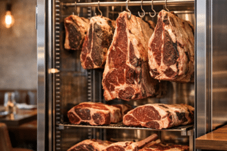 Several large dry-aged beef steaks hanging and resting inside a professional steakhouse meat aging refrigerator.