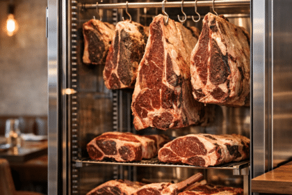 Several large dry-aged beef steaks hanging and resting inside a professional steakhouse meat aging refrigerator.