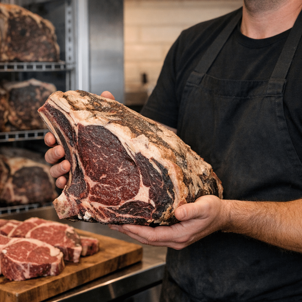 A butcher holds a large raw ribeye steak in a meat shop, showcasing dry aged meat for sale.