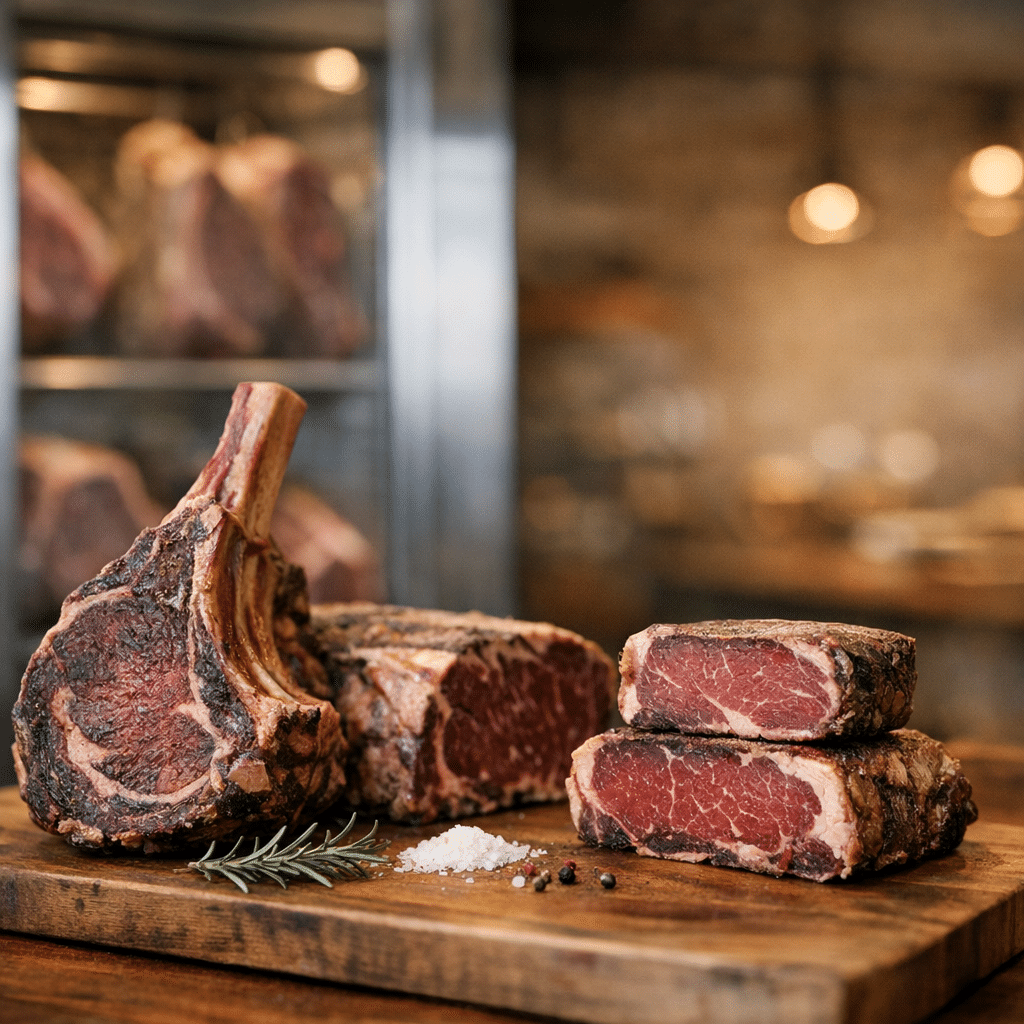High-quality dry aged ribeye and tomahawk steaks on a wooden board, seasoned and ready for sale.