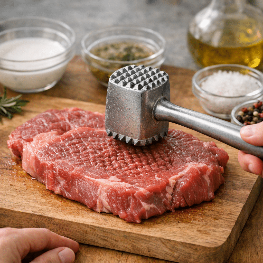 A raw steak is being tenderized with a metal meat mallet on a wooden cutting board.