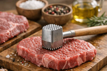 A raw steak is being tenderized with a meat mallet on a wooden cutting board beside seasoning and olive oil.