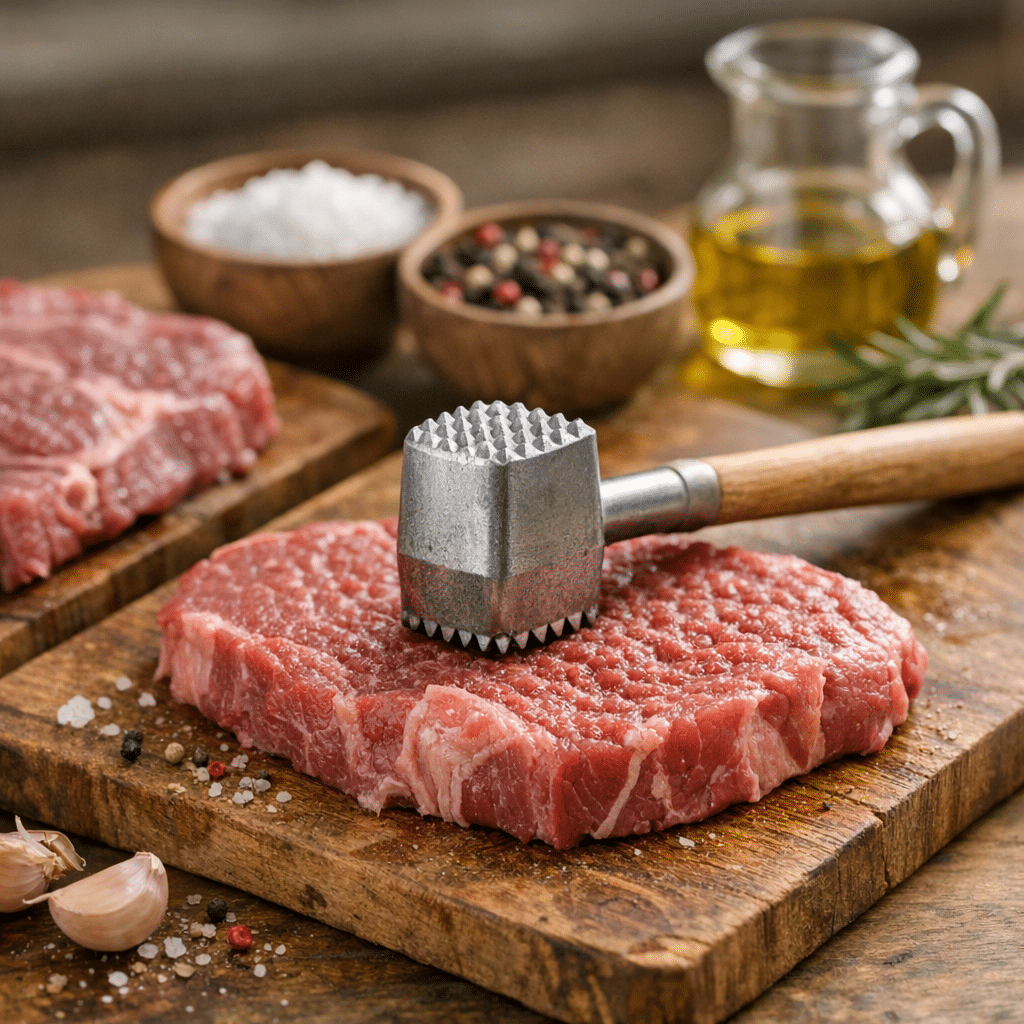 A raw steak is being tenderized with a meat mallet on a wooden cutting board beside seasoning and olive oil.