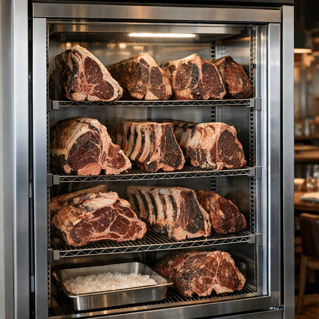 Several large dry-aged beef steaks are displayed on shelves inside a glass-door dry aged refrigerator.
