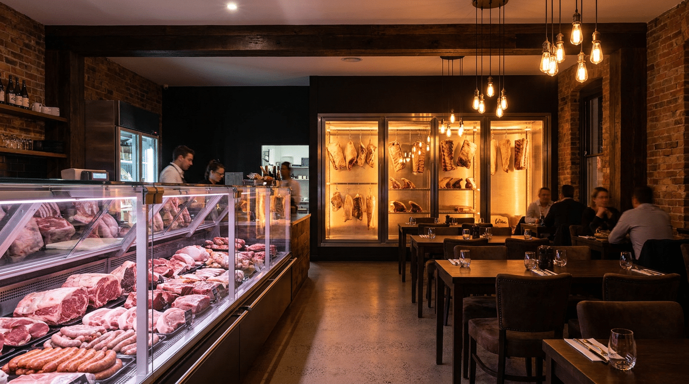Kasap reyonu ve restoran salonunu birleştiren butcher shop steakhouse iç mekânı