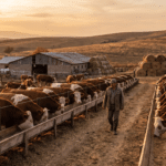 Sonbaharda besi çiftliğinde yemlikteki sığırlar ve sürüyü inceleyen besici