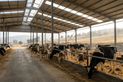 Modern ahırda holstein inekler ve genç damızlık düveler