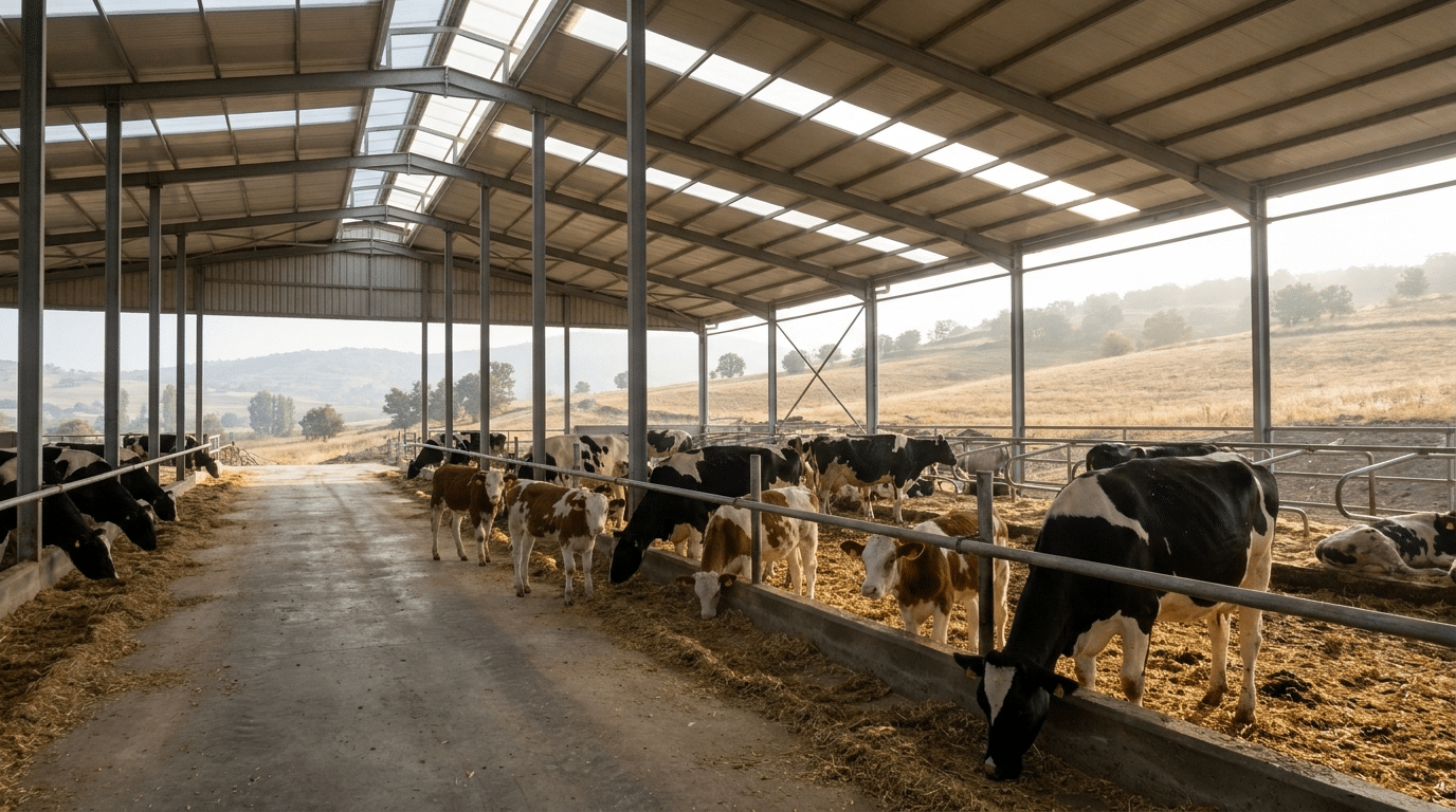 Modern ahırda holstein inekler ve genç damızlık düveler