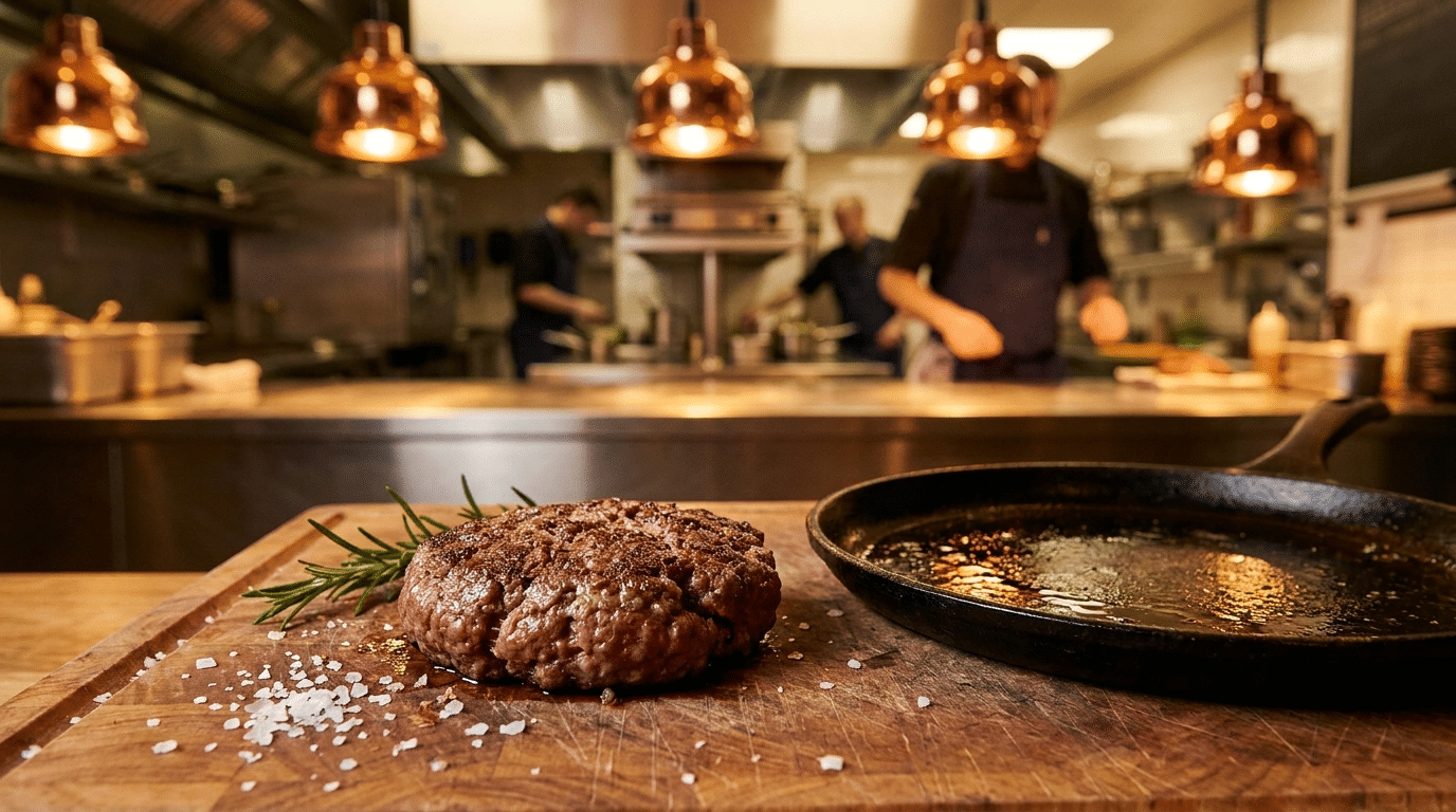 Dry aged etin tıraş fazlalarından hazırlanmış kalın burger köftesi ve döküm tava