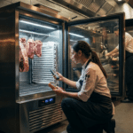 Teknisyen dry aged dolabının sıcaklık ve nem değerlerini ölçüm cihazlarıyla kontrol ediyor