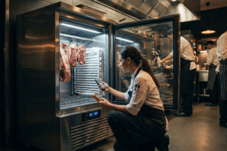 Teknisyen dry aged dolabının sıcaklık ve nem değerlerini ölçüm cihazlarıyla kontrol ediyor