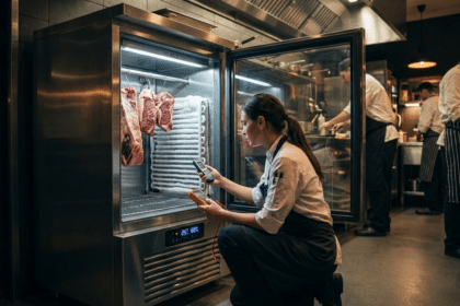 Teknisyen dry aged dolabının sıcaklık ve nem değerlerini ölçüm cihazlarıyla kontrol ediyor