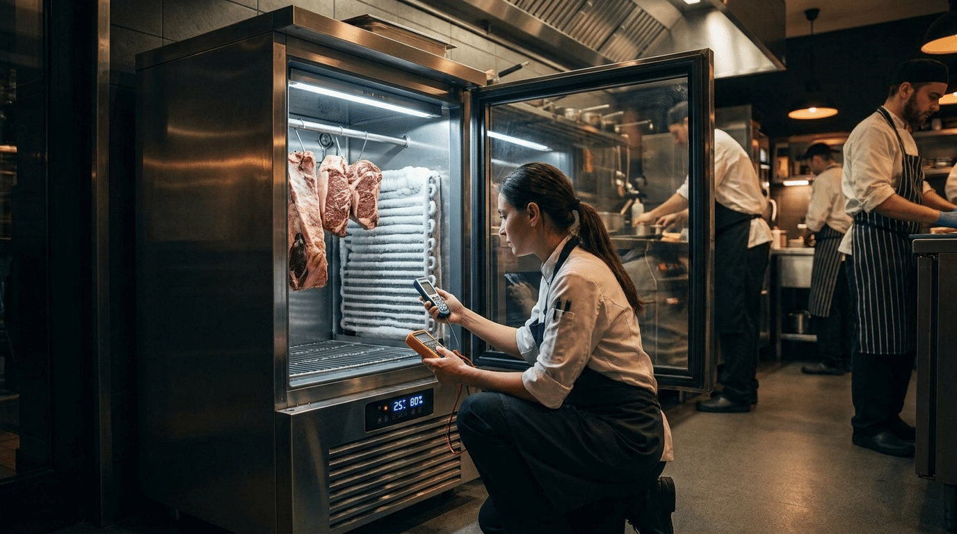 Teknisyen dry aged dolabının sıcaklık ve nem değerlerini ölçüm cihazlarıyla kontrol ediyor