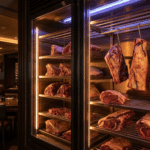 Cam kapaklı dry aged dolabının iç aydınlatması ve raflarda asılı dinlendirilmiş et parçaları